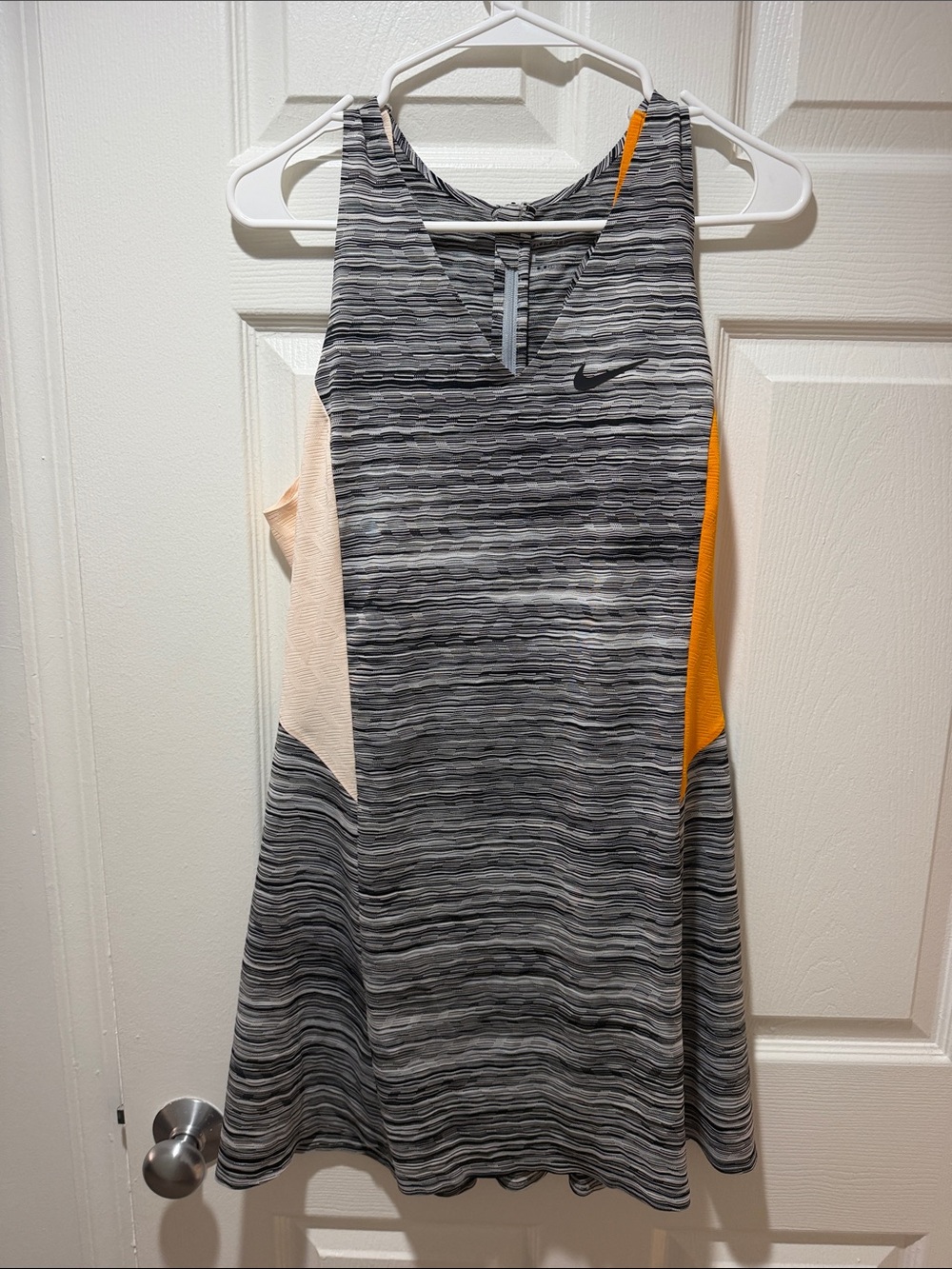 Nike Women's Gray Striped Performance Tennis Dress with Orange and Cream Panels